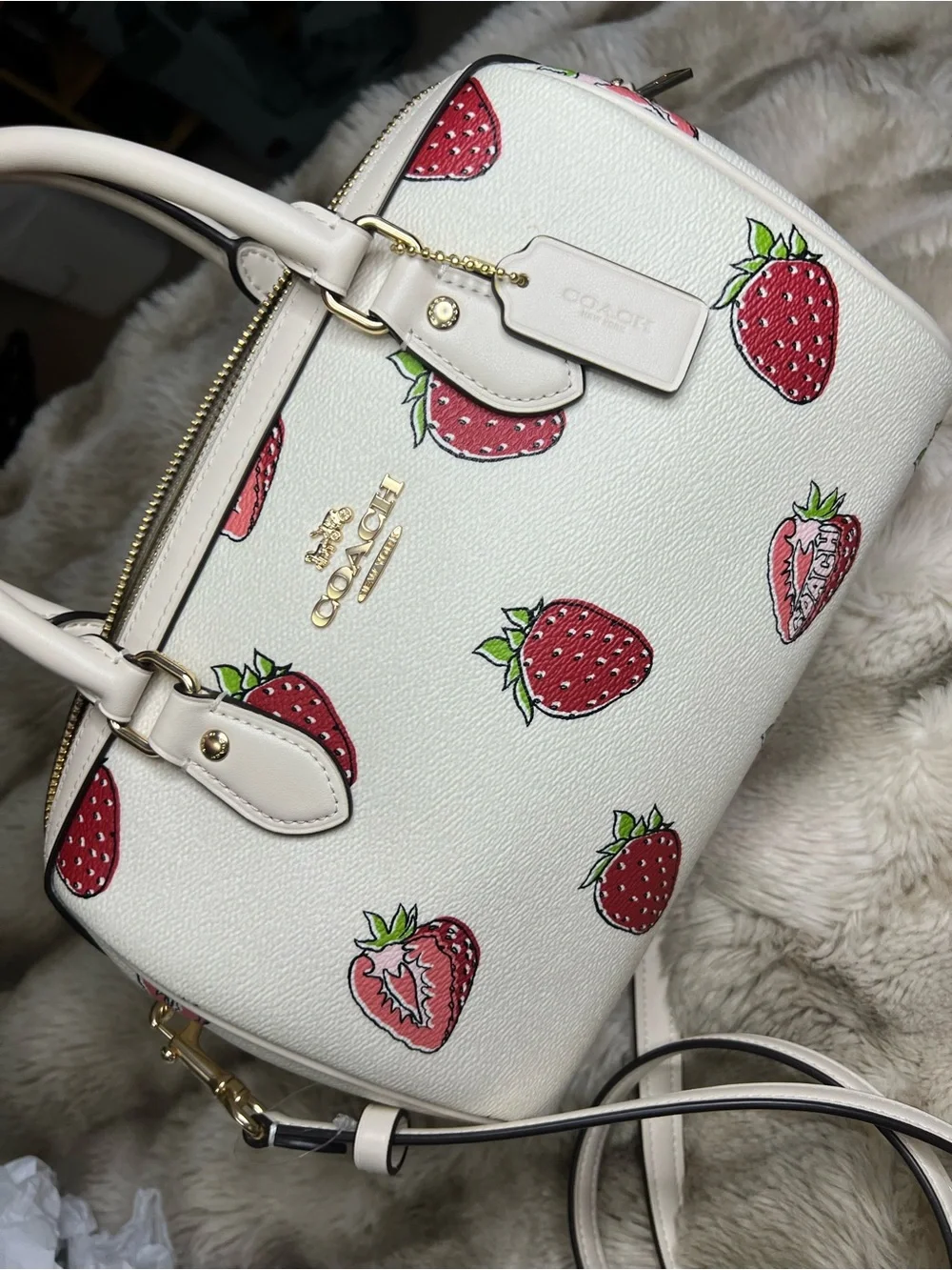Coach Rowan Med & Micro White Strawberry Print Satchel Set ($653 total for set)